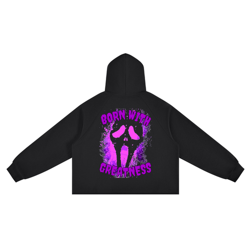 BWG 13th Ghost Hoodie in black, back view with purple and pink ghost-face Born With Greatness graphic